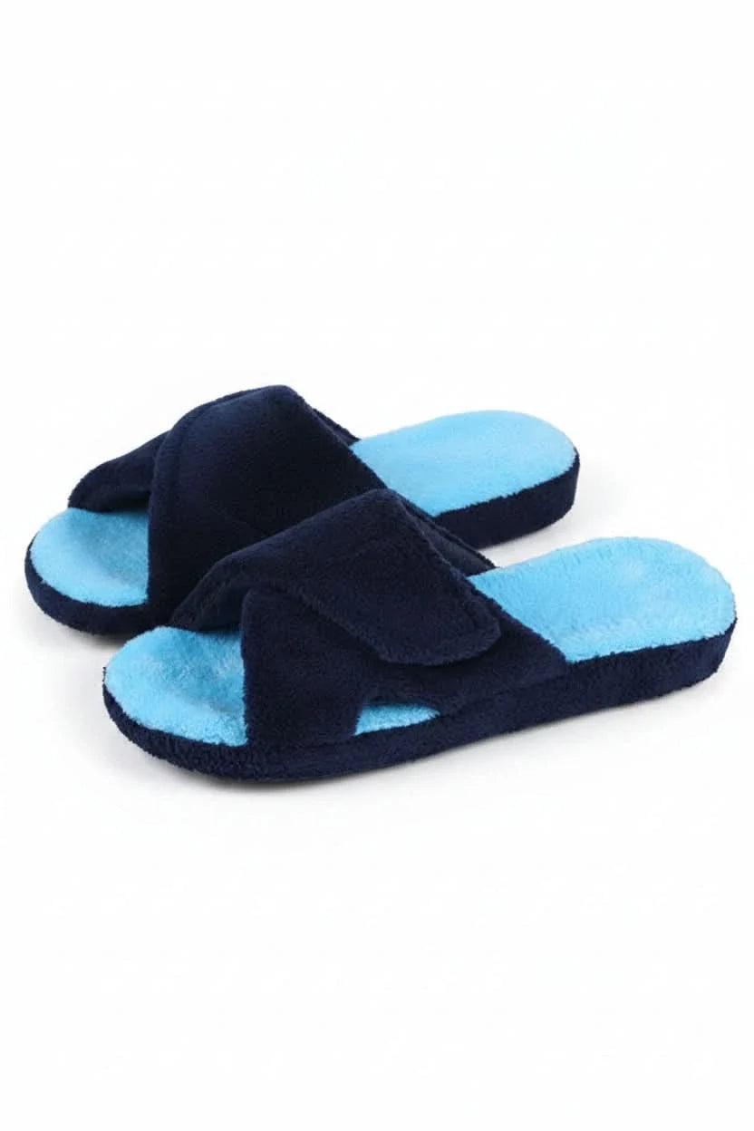 Close-up of adjustable strap on unisex open toe comfort slippers, providing a custom fit for indoor footwear.