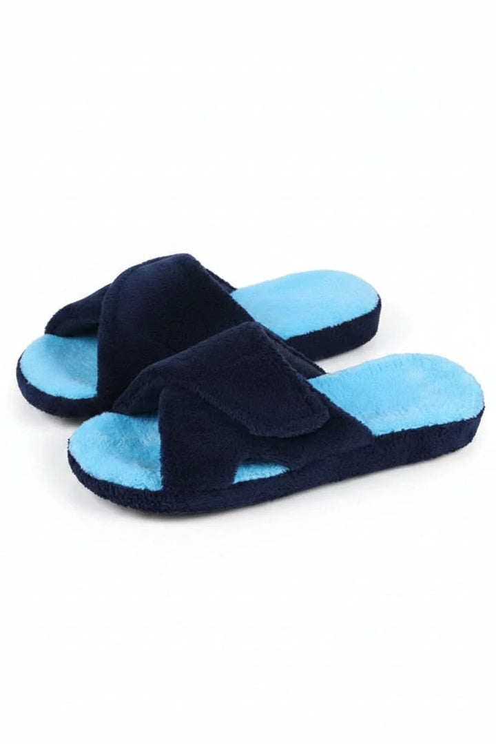 Close-up of adjustable strap on unisex open toe comfort slippers, providing a custom fit for indoor footwear.