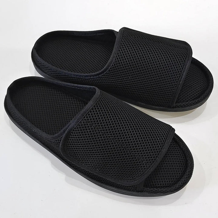 Adjustable unisex slippers with hook-and-loop closure for swollen & diabetic feet, providing custom comfort & wide fit.