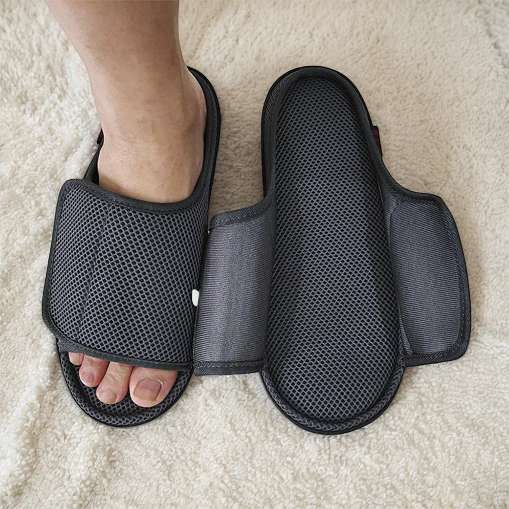 Soft, breathable unisex slippers with adjustable openable design for swollen & diabetic feet, ensures wide fit & comfort.