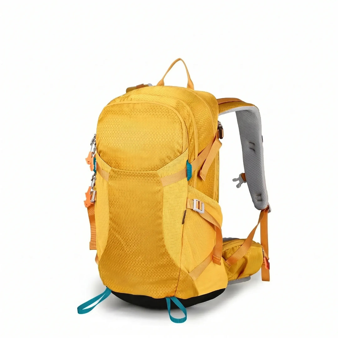Securing gear in the Unisex Adventure Hiking Backpack, preparing for an outdoor adventure & travel journey.