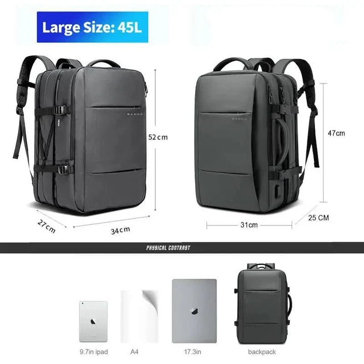 Water resistant USB charging backpack with dedicated laptop sleeve, perfect for business travel.