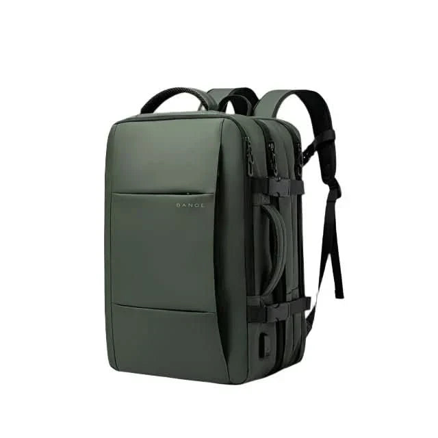 Expandable aesthetic business backpack, spacious for travel, daily organization & tech.