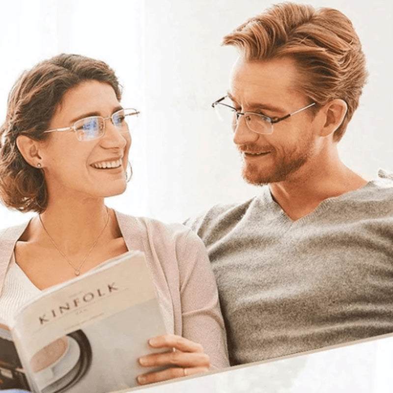 Lightweight multifocal reading glasses with anti-blue light lenses, ideal for daily digital screen use.