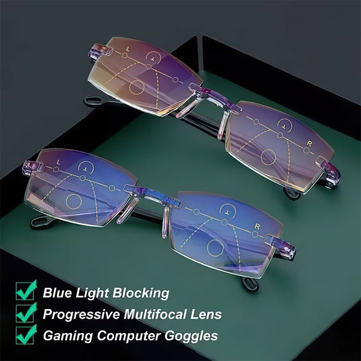 Stylish gold flexible frame unisex reading glasses, featuring multifocal lenses and blue light protection.