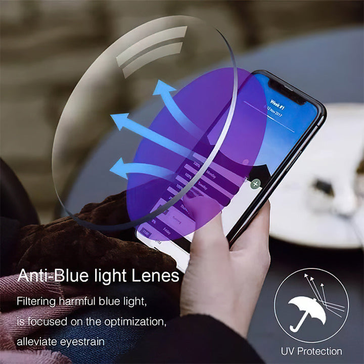 Durable unisex multifocal reading glasses, designed with anti-blue light lenses and a lightweight build.