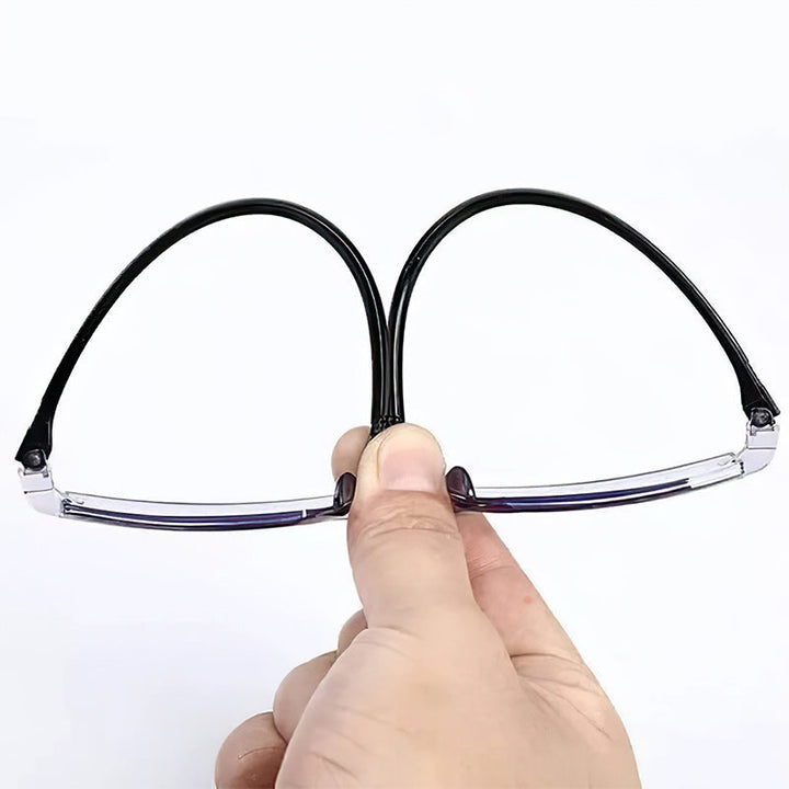 Gold-toned flexible frame multifocal reading glasses for men & women, with anti-blue light features.