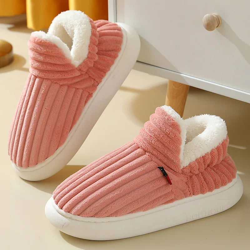 Close-up of cozy plush anti-slip slippers, showing soft texture and sturdy sole