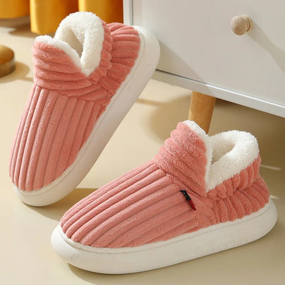 Close-up of cozy plush anti-slip slippers, showing soft texture and sturdy sole