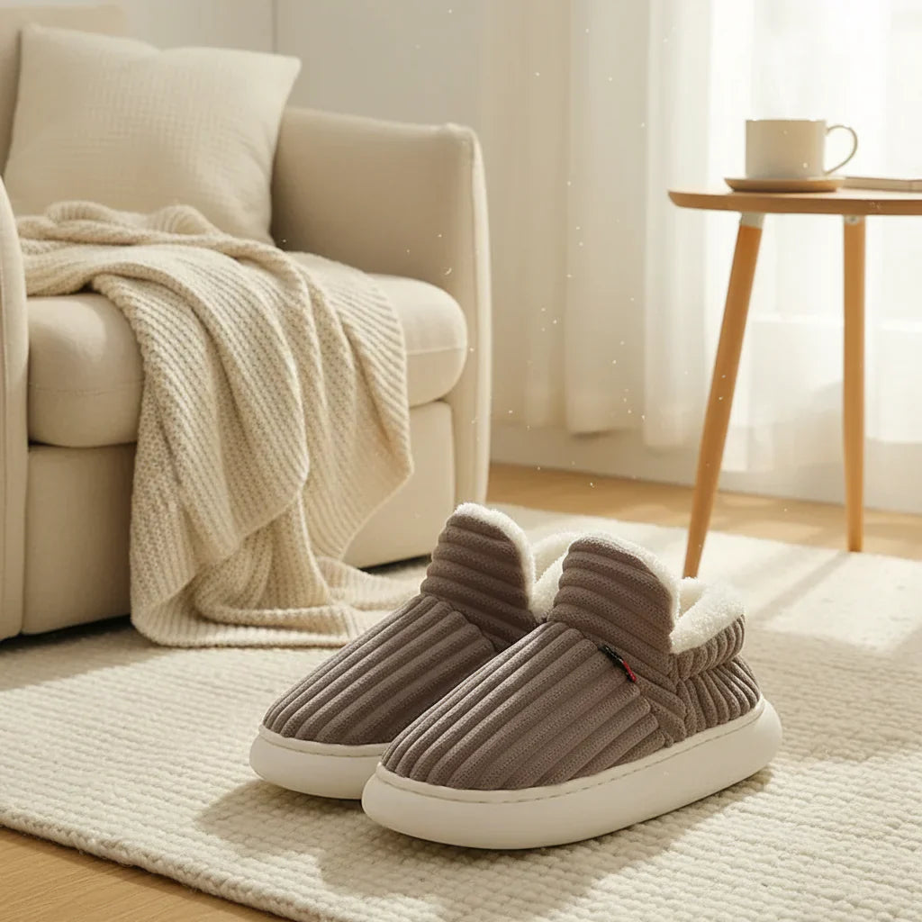 Child wearing anti-slip plush home slippers, showcasing safety and cozy style
