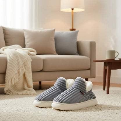 Neutral colored anti-slip plush slippers, versatile unisex footwear for indoor warmth
