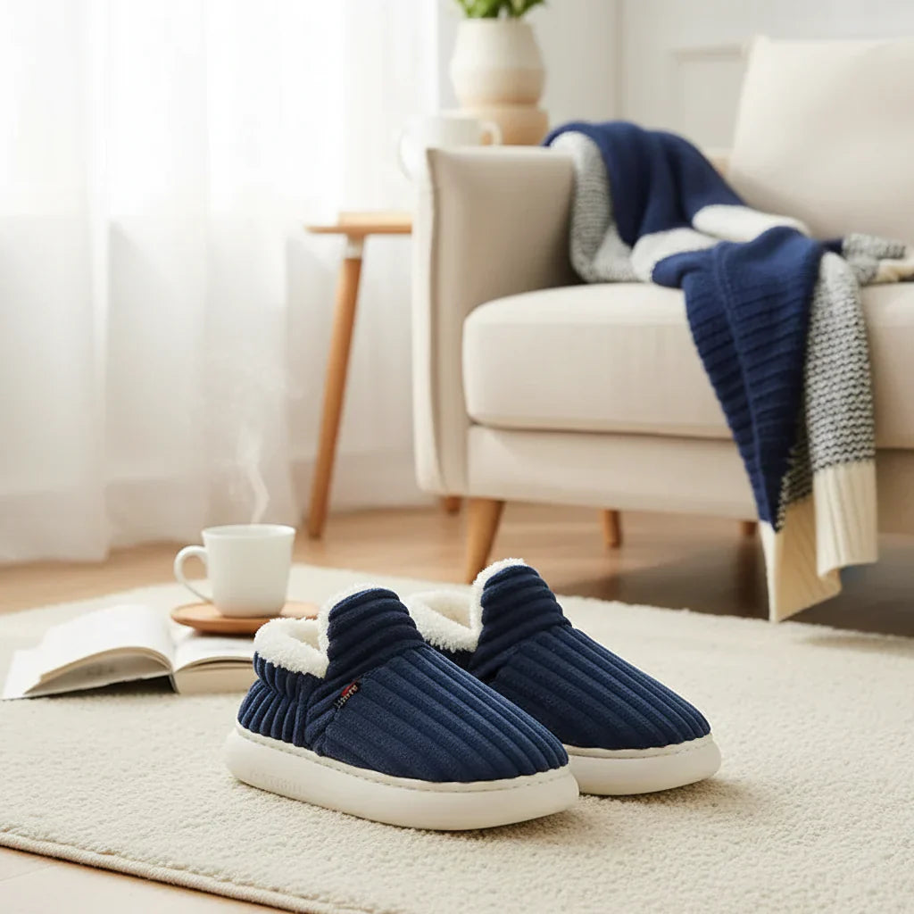 Detail of the anti-slip sole on plush home slippers, ensuring safety on various surfaces