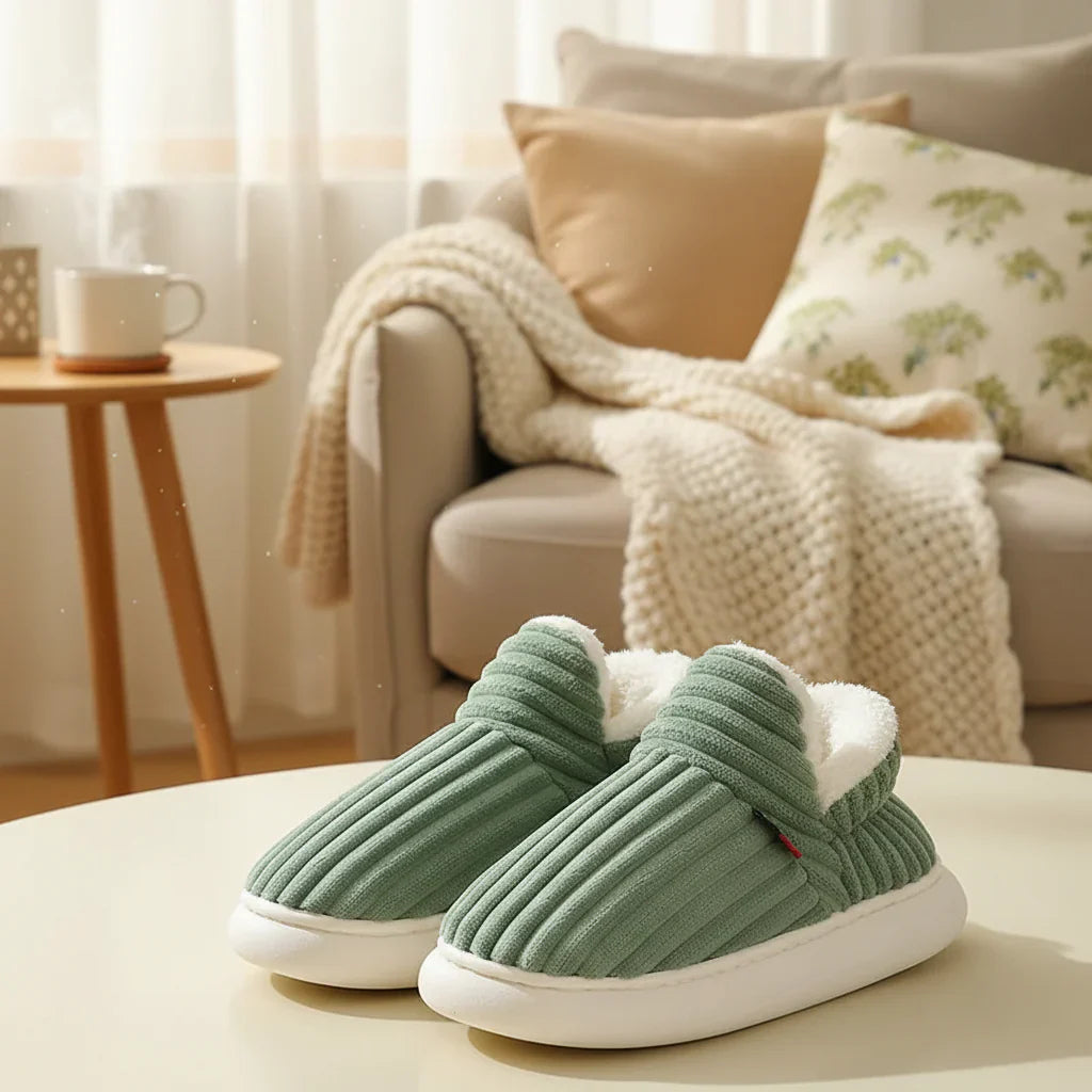 Unisex plush slippers with thick sole, providing warmth and comfort for home wear