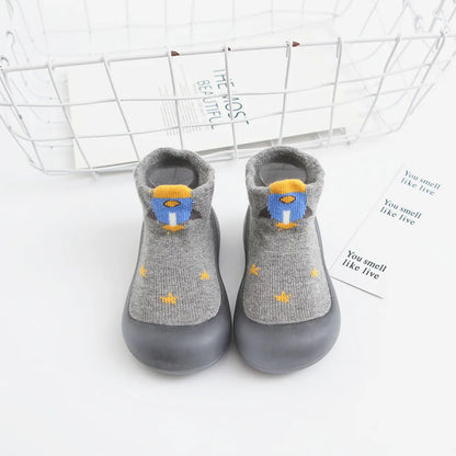 Striped anti-slip baby socks, soft cotton with a grippy rubber sole, perfect for autumn.