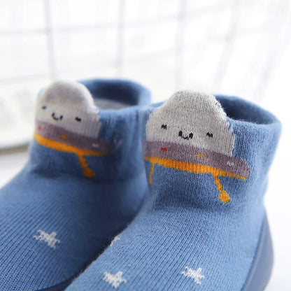 Blue cotton toddler socks with full rubber sole for enhanced grip, non-slip design.