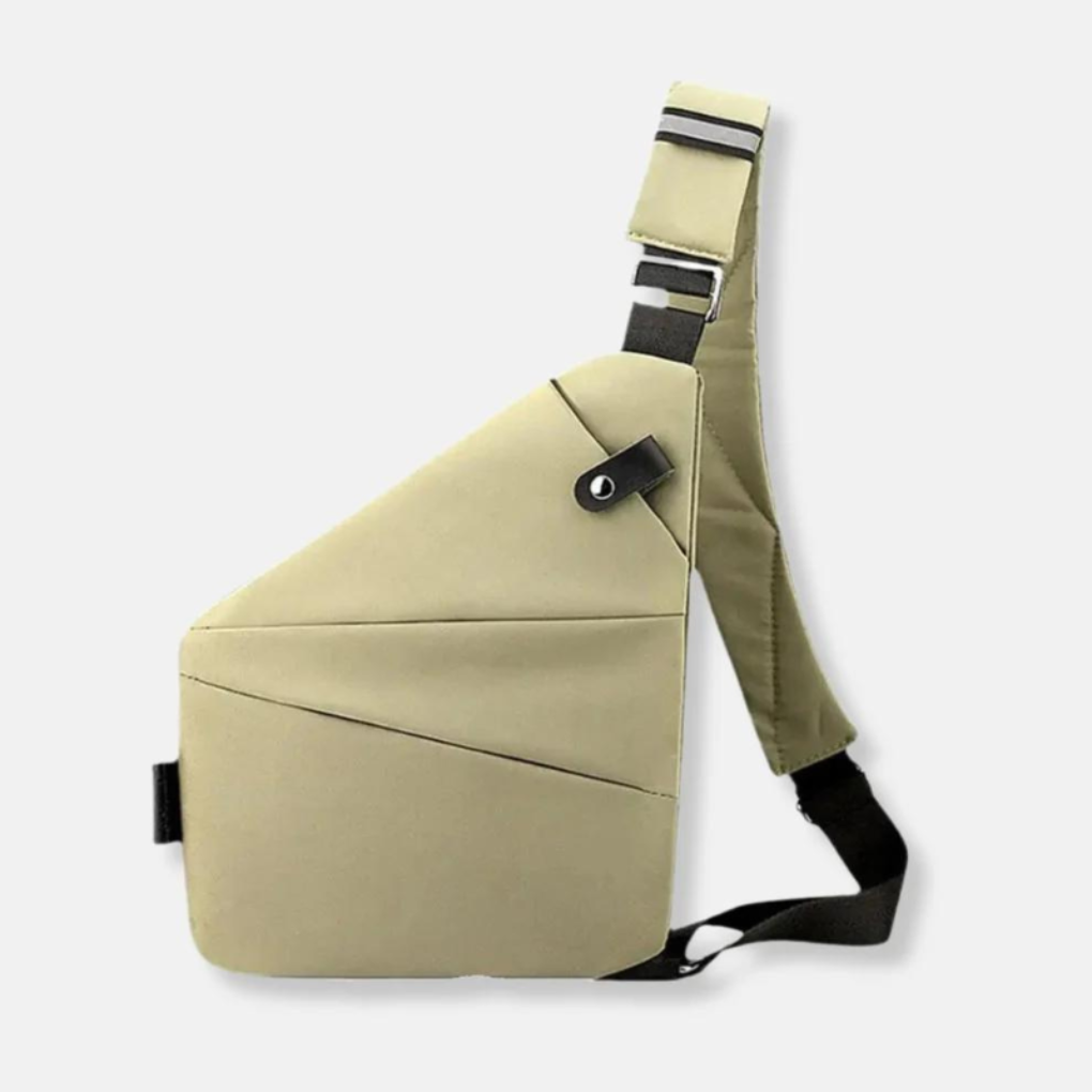 Detail of the hidden zipper on a modern unisex shoulder bag, designed for secure travel.