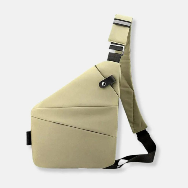 Detail of the hidden zipper on a modern unisex shoulder bag, designed for secure travel.
