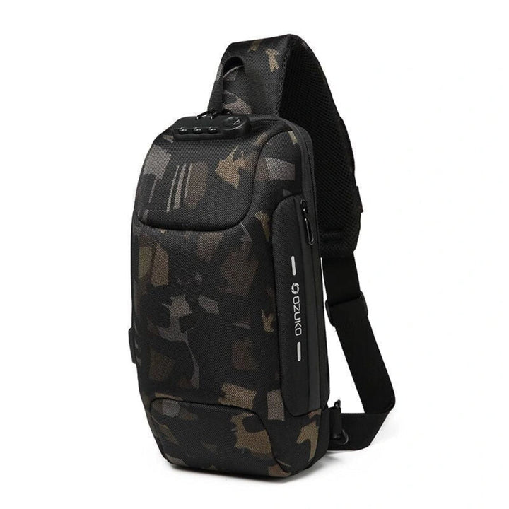 Secure anti-theft travel sling bag with external USB charging, comfortably worn cross-body by men & women.