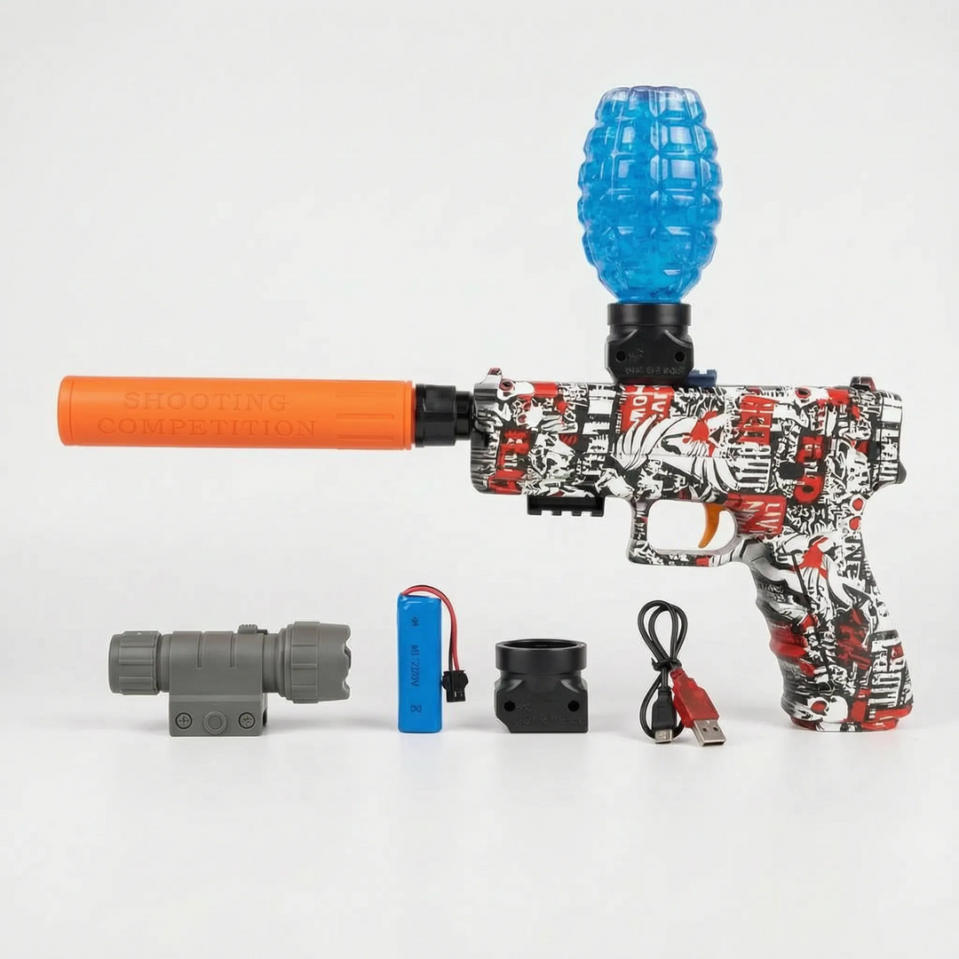 Automatic electric water blaster in action, kids having a blast with this summer outdoor water fight toy.