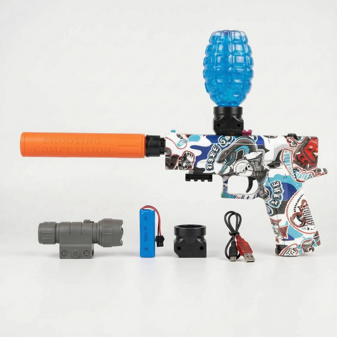 Battery-powered automatic water blaster gun, an electric toy weapon for exciting summer outdoor water fun.