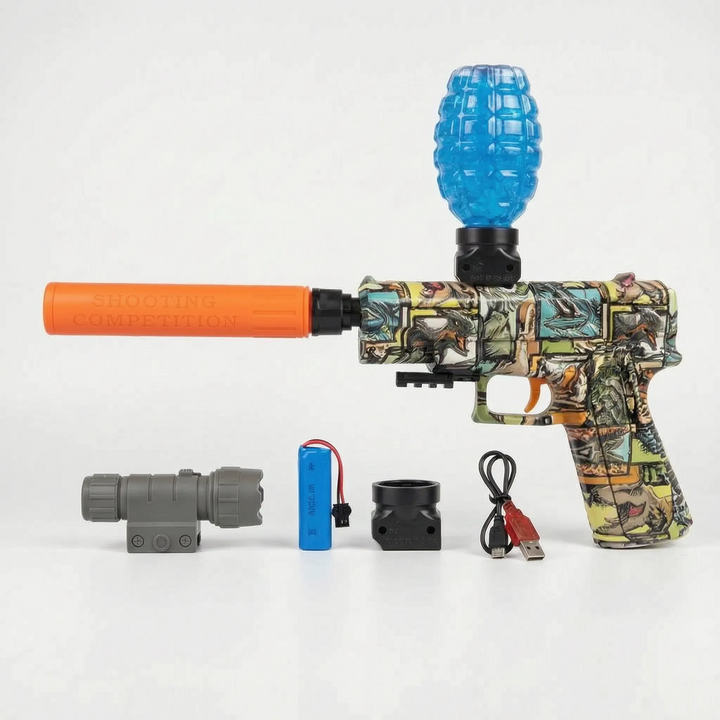 Automatic electric water blaster for kids. Perfect battery-powered toy for summer outdoor water fights & fun.