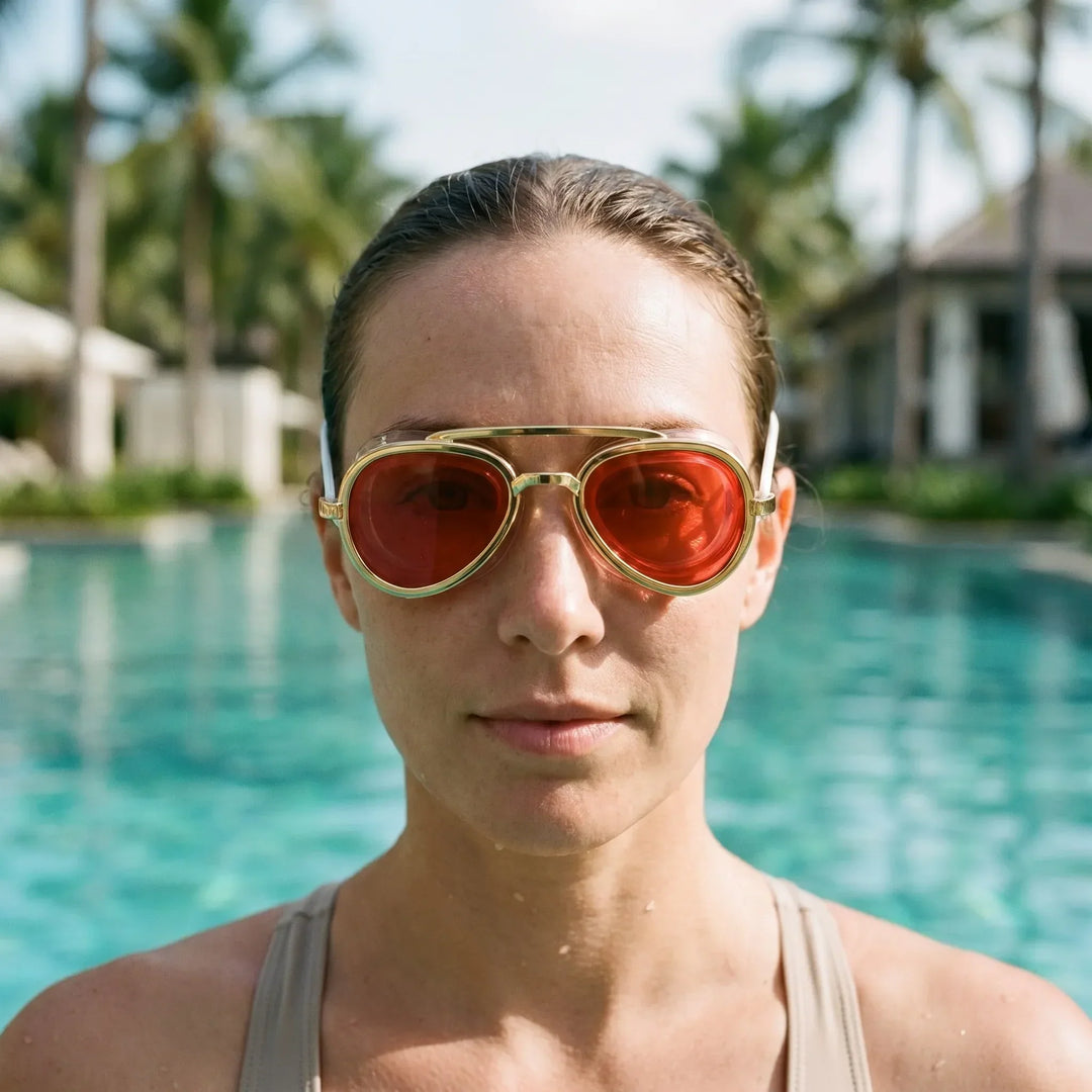 Unisex aviator swim goggles with wide vision & anti-fog for clear underwater swimming.
