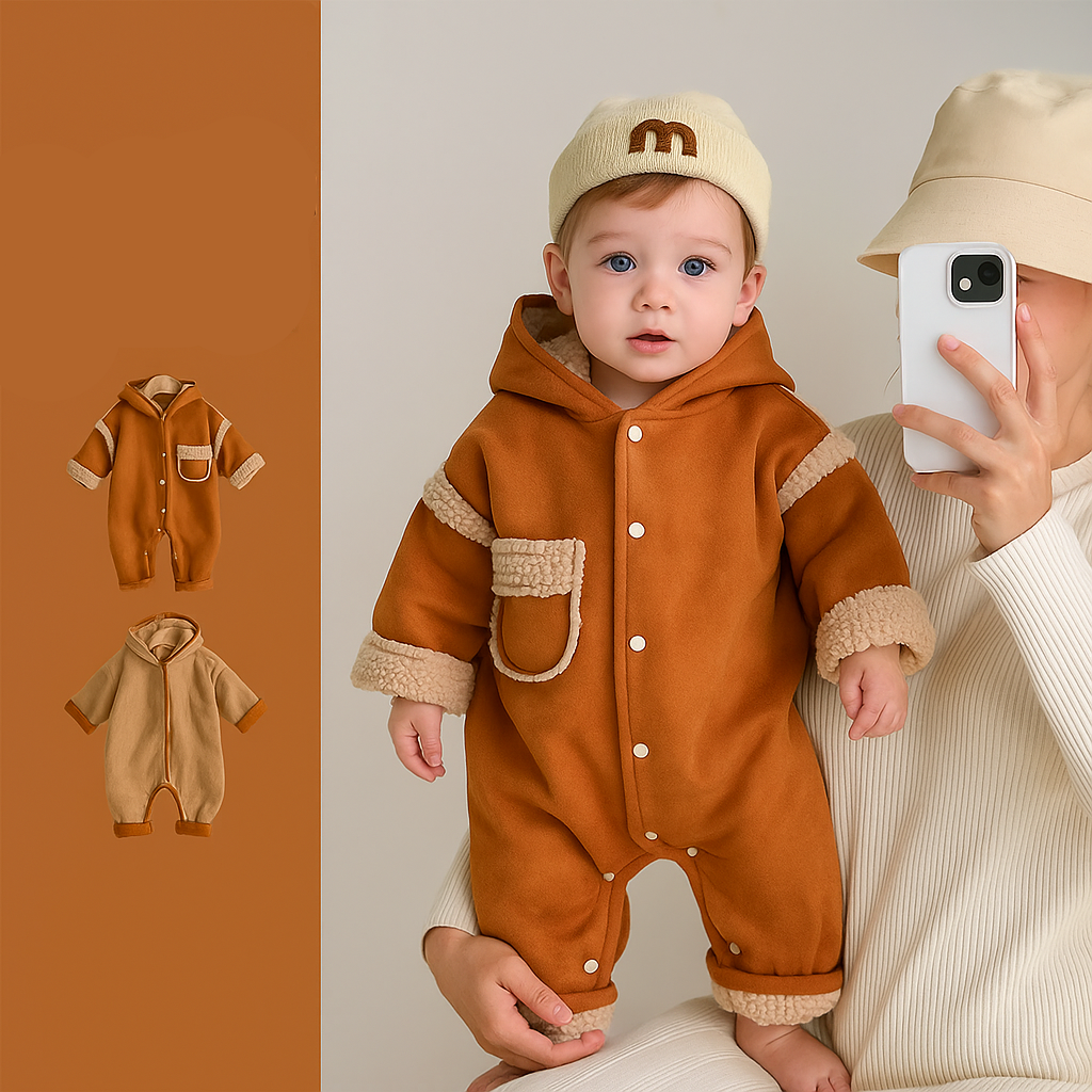 Unisex babies' hooded thick winter romper, fleece lined, with snap closure for warmth and comfort
