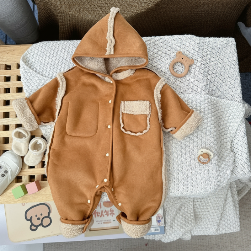 Warm and stylish hooded winter romper for babies, unisex, with practical snap fasteners