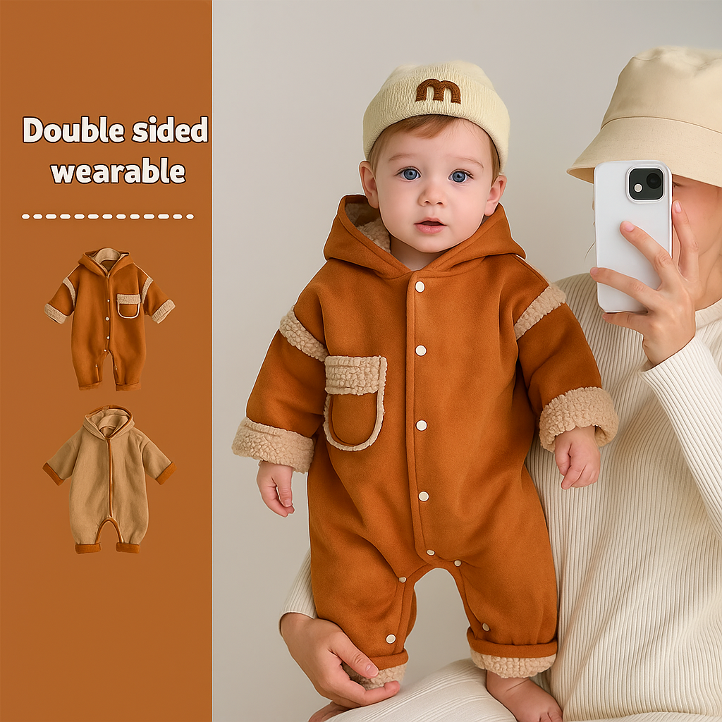 Warm baby hooded romper, thick fleece lined, unisex, perfect winter outerwear for infants