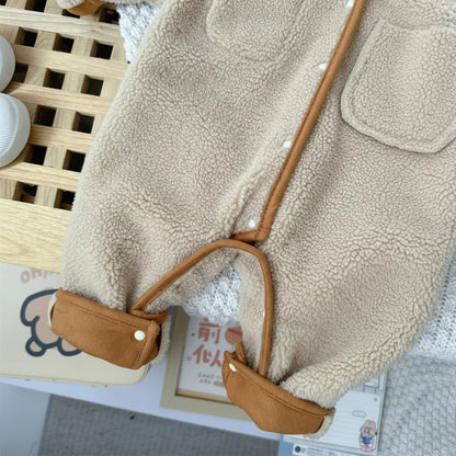 Cute babies' hooded winter romper in a neutral color, fleece lined for extra warmth, unisex