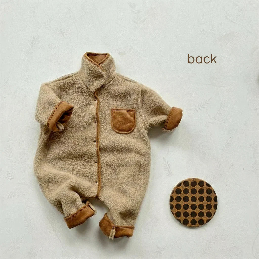 Full shot of a unisex baby winter romper, hooded design, thick and cozy, for cold weather