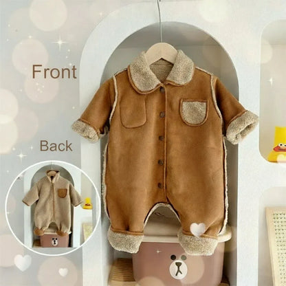 Fleece lined hooded winter romper for babies, unisex design with easy snap closure, warm outerwear