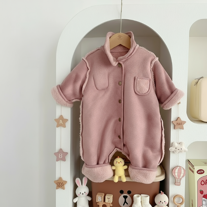 Detail of hooded baby winter romper fabric, showing thick, fleece lined material, unisex comfort
