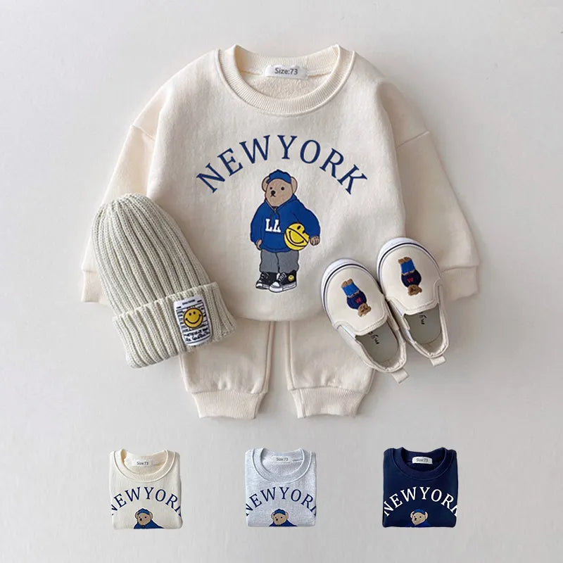 Unisex babies' letter bear hoodie and pants set in soft cotton for cozy wear, front view.