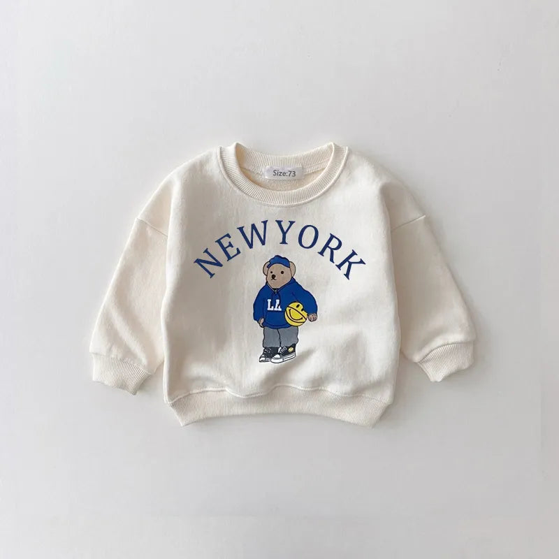 Complete cotton baby outfit: unisex hoodie with bear and letter design, and cozy pants.