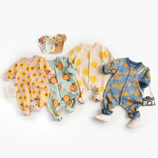 Unisex babies' long sleeve cotton jumpsuit with cute cartoon animal print, perfect for infants and toddlers.