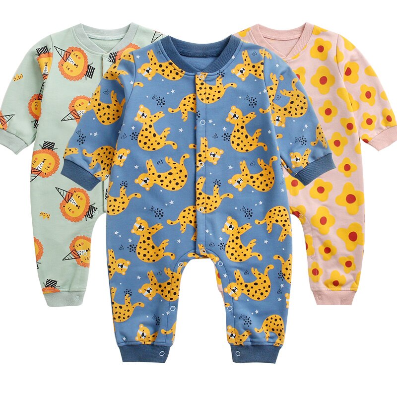 Soft cotton unisex baby romper featuring a vibrant cartoon pattern, ideal for spring and autumn wear.