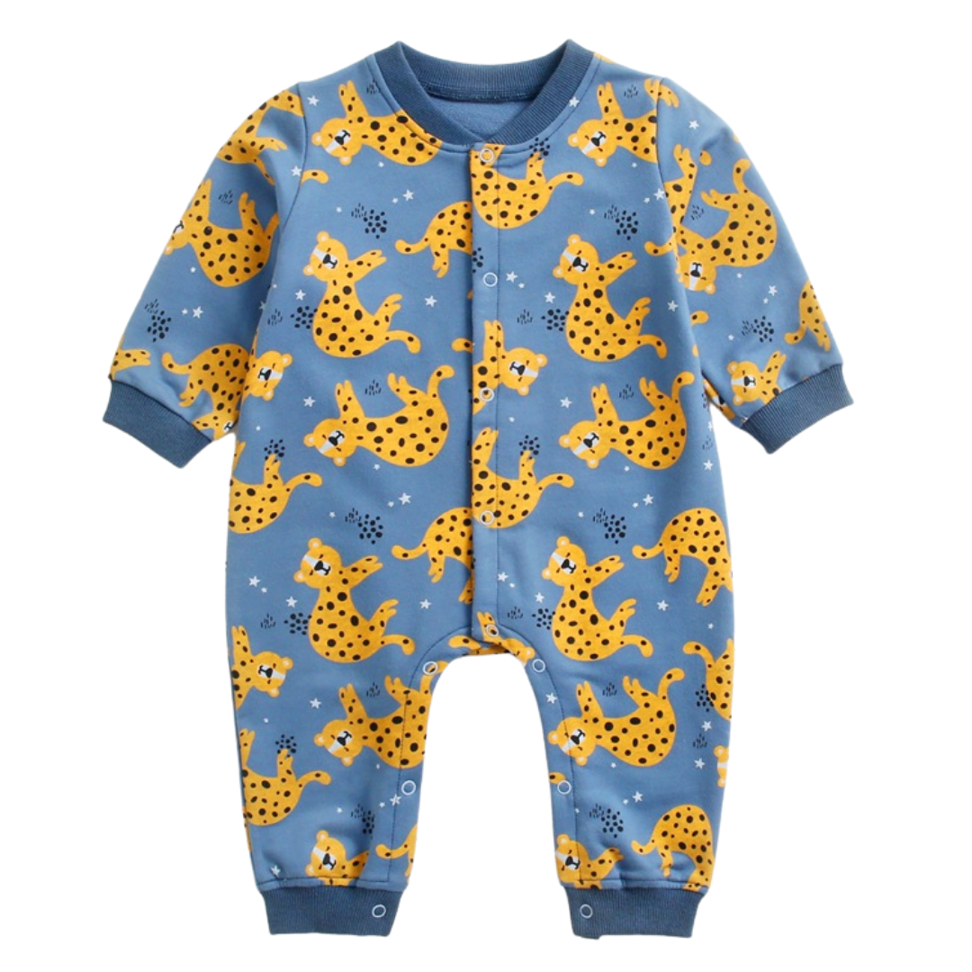 Close-up of a cozy long sleeve infant jumpsuit in cotton with a fun, colorful cartoon print design.