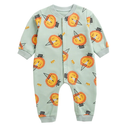 Adorable one-piece cotton cartoon print jumpsuit for baby boys and girls, comfortable for everyday wear.