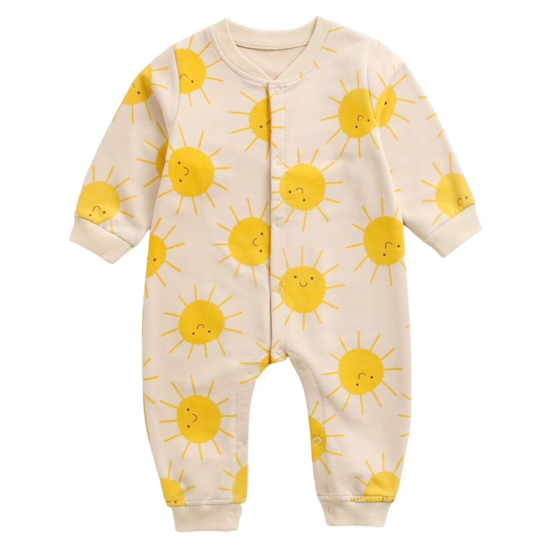 Comfortable cotton baby jumpsuit with playful cartoon character print, suitable for unisex infants and toddlers.