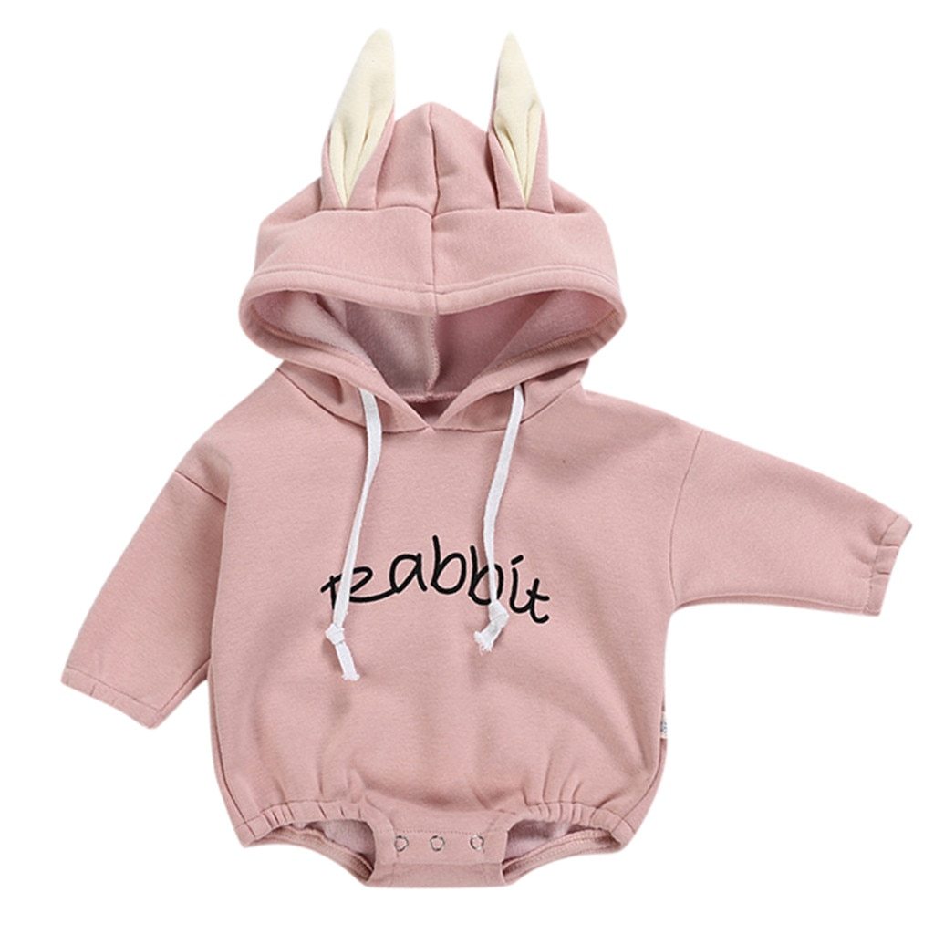 Unisex babies' plush hooded bunny romper, soft white fabric, ideal for newborn clothing and baby gifts.