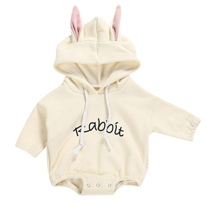 Cute hooded bunny romper for infants, unisex baby clothes, perfect as a winter baby romper or Easter outfit.