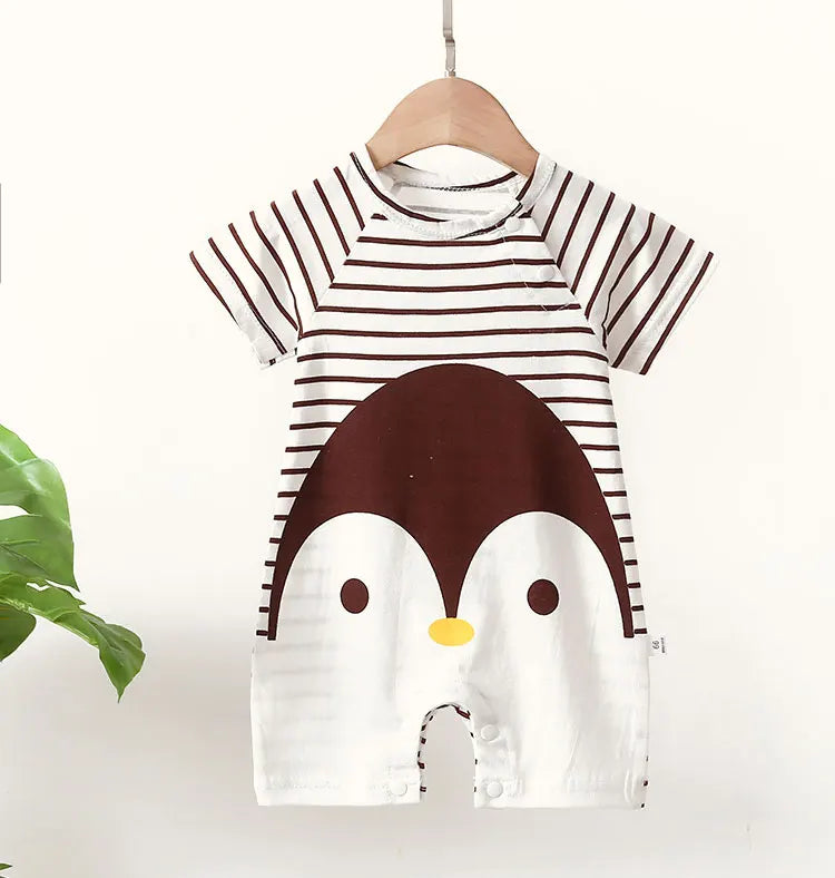 Folded stack of colorful unisex baby cotton short-sleeve rompers, essential infant wear