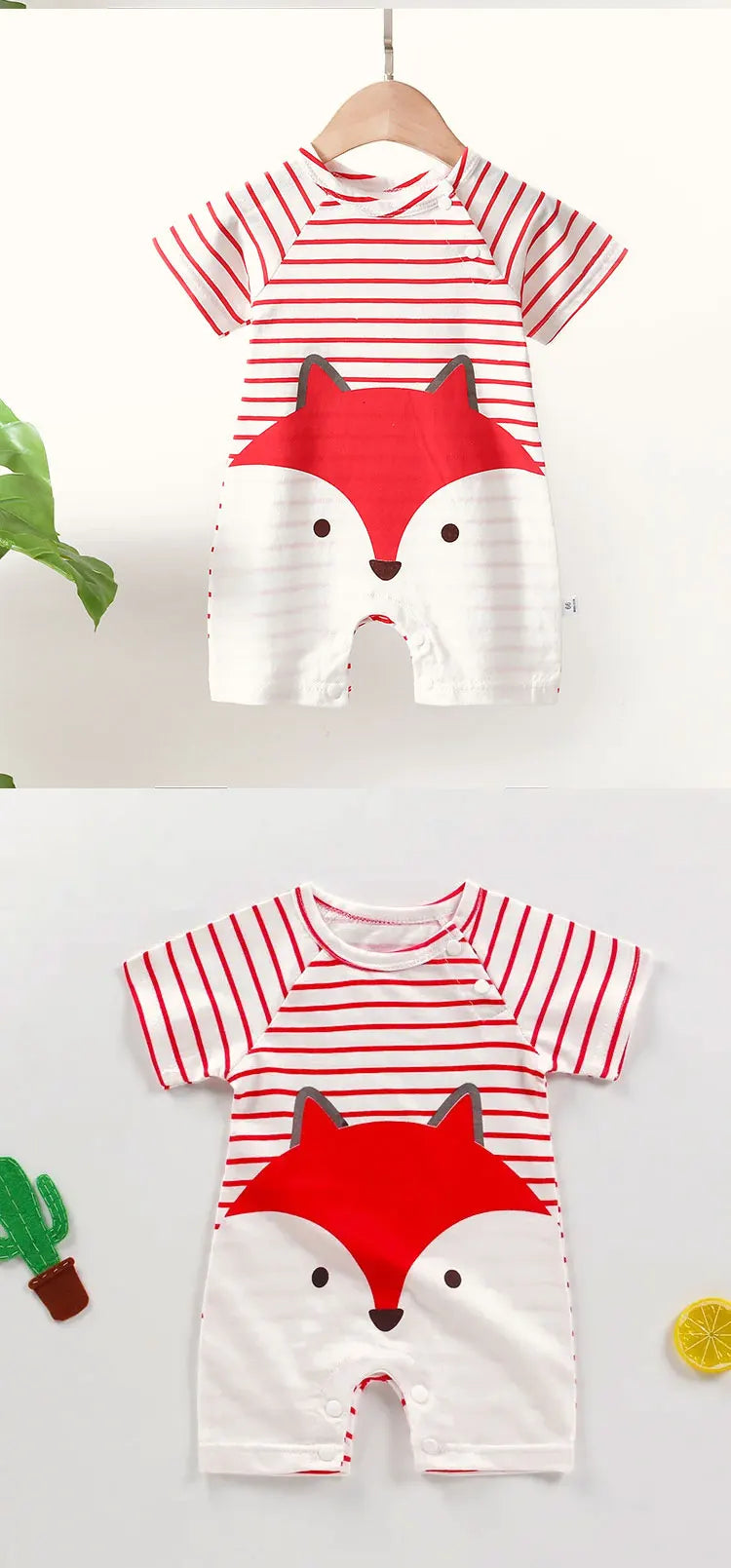 Unisex baby wearing a white 100% cotton short-sleeved jumpsuit, happy baby fashion