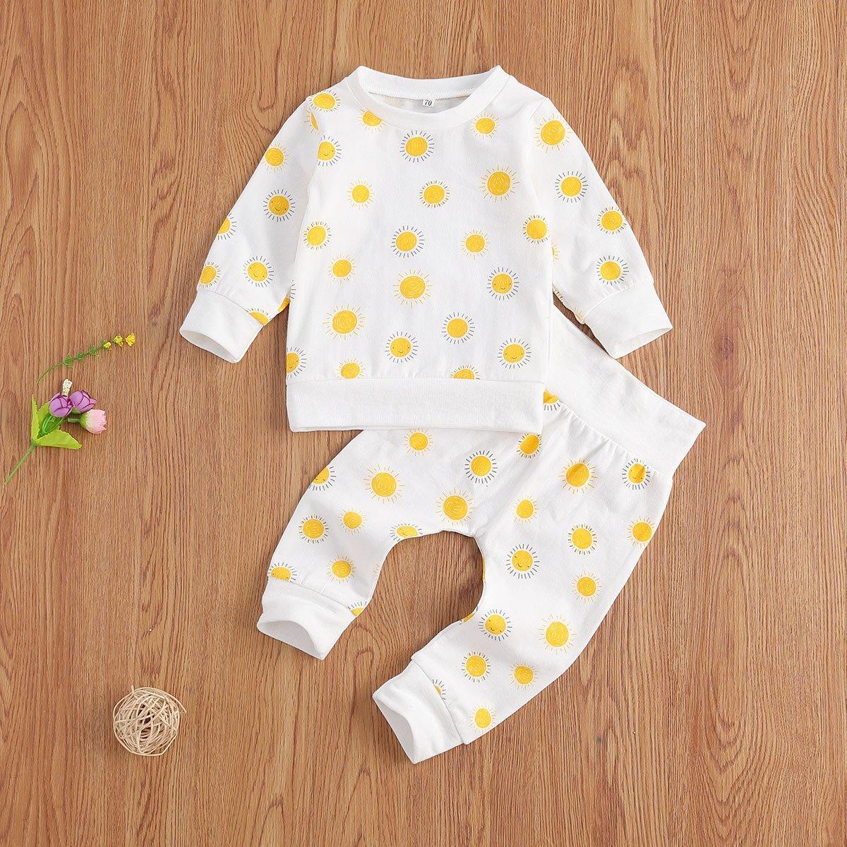Unisex baby 2-piece pajama set with sunny yellow sun print, soft cotton sleepwear for infants