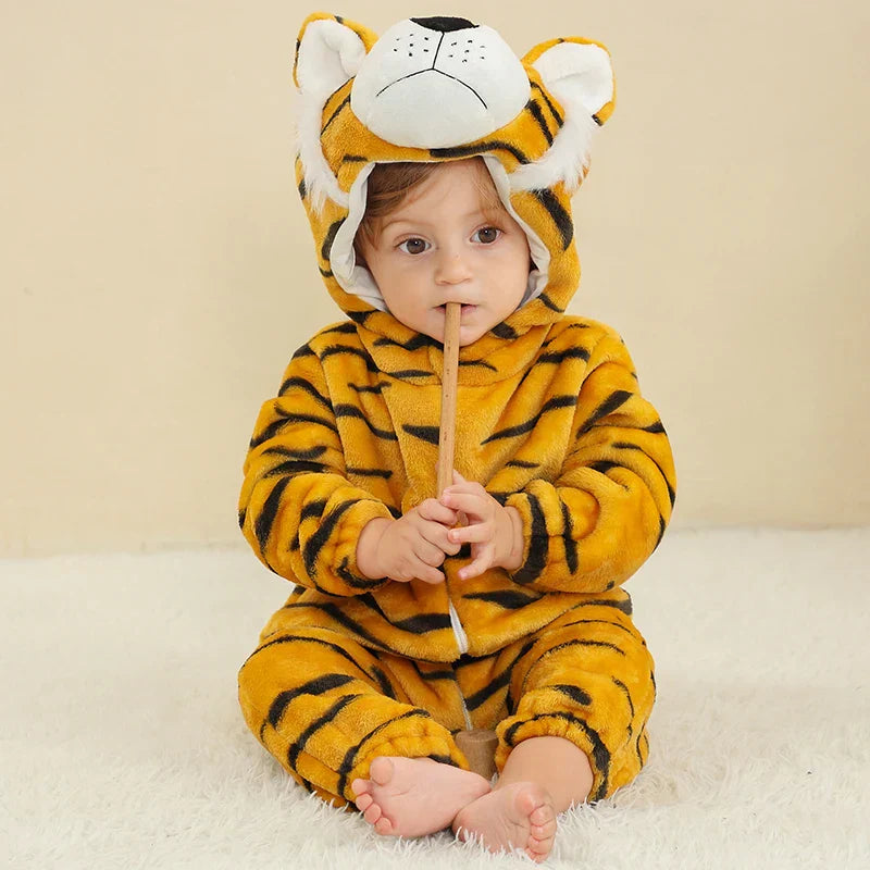 Baby in a cute animal hooded romper, showcasing the comfortable zipper design