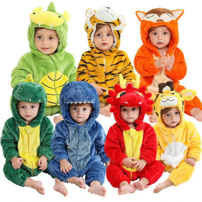 Cotton blend infant animal romper, hooded for extra warmth and charm