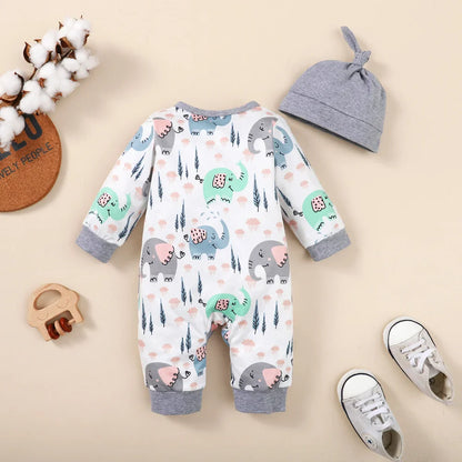 Toddler fashion: Stylish unisex animal print baby romper with matching hat, cotton blend.