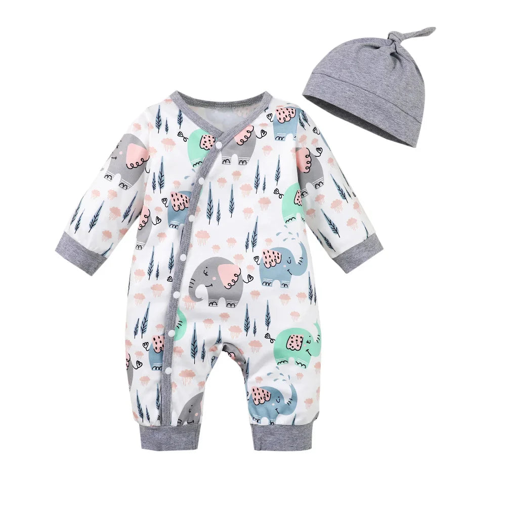 Close-up of the animal print pattern on a soft unisex baby romper, infant clothing.