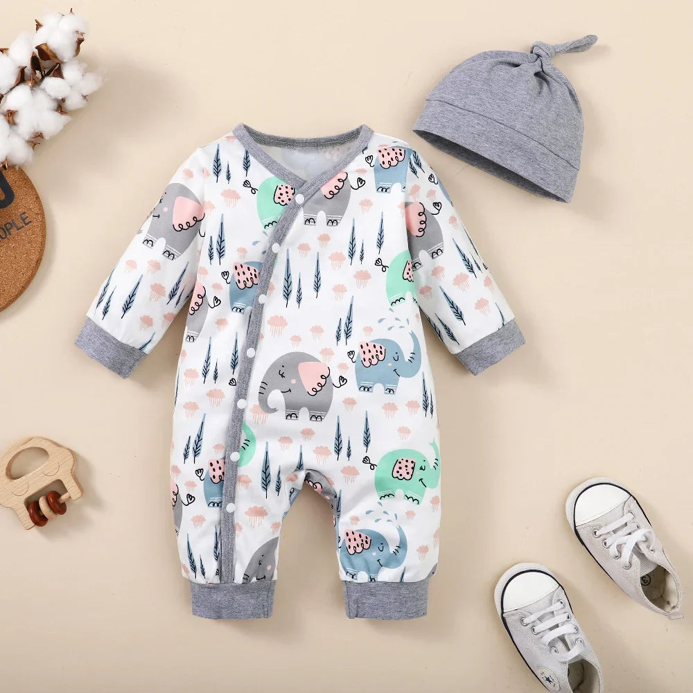 Unisex baby romper with functional snap buttons for easy diaper changes, animal print.